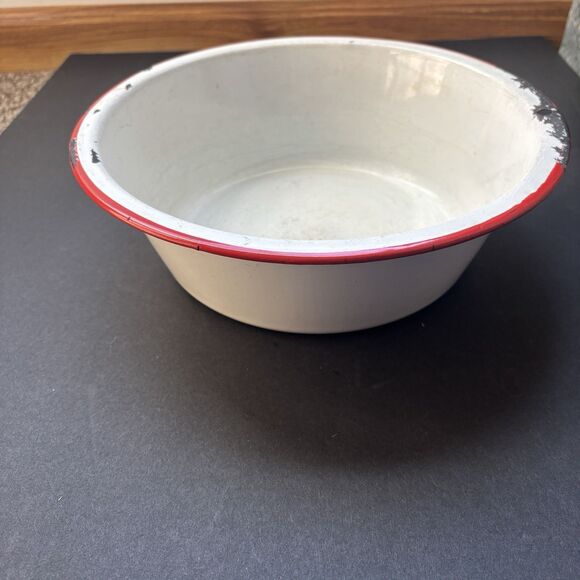 Vintage White Red Enamelware Wash Basin Bowl Farmhouse Rustic Distressed 10” - Picture 5 of 7